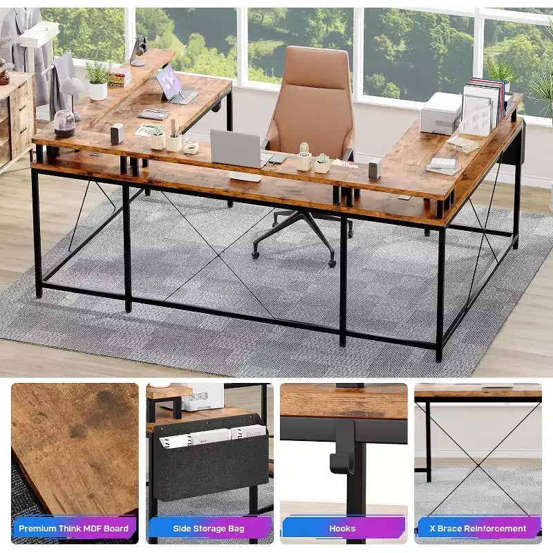 Bureau d'angle en U de 200 cm pour gamer, bureau d'ordinateur réversible en forme de L avec prises de courant, lumières LED, support d'écran et étagères de rangement