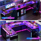 Bureau d'angle en U de 200 cm pour gamer, bureau d'ordinateur réversible en forme de L avec prises de courant, lumières LED, support d'écran et étagères de rangement