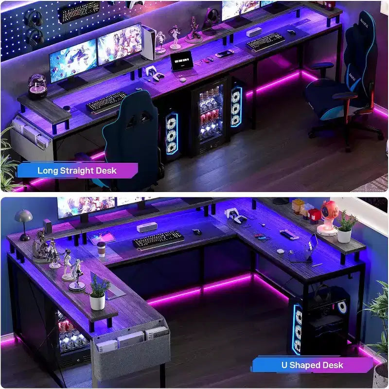 Bureau d'angle en U de 200 cm pour gamer, bureau d'ordinateur réversible en forme de L avec prises de courant, lumières LED, support d'écran et étagères de rangement