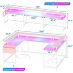 Bureau d'angle en U de 200 cm pour gamer, bureau d'ordinateur réversible en forme de L avec prises de courant, lumières LED, support d'écran et étagères de rangement