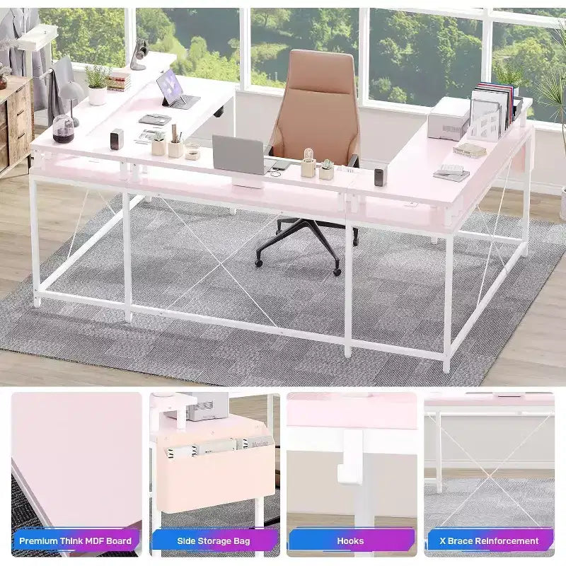 Bureau d'angle en U de 200 cm pour gamer, bureau d'ordinateur réversible en forme de L avec prises de courant, lumières LED, support d'écran et étagères de rangement