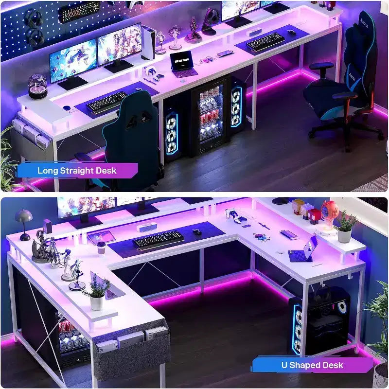 Bureau d'angle en U de 200 cm pour gamer, bureau d'ordinateur réversible en forme de L avec prises de courant, lumières LED, support d'écran et étagères de rangement