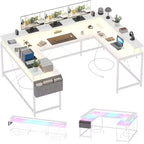 Bureau d'angle en U de 200 cm pour gamer, bureau d'ordinateur réversible en forme de L avec prises de courant, lumières LED, support d'écran et étagères de rangement