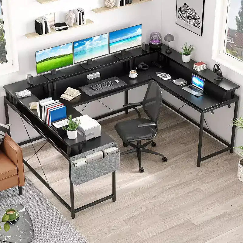 78.8in U-Shaped Corner Computer Desk for Gaming, Reversible L-Shaped Office Desk with Power Outlets, LED Lights, Monitor Stand & Storage Shelves