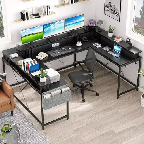 78.8in U-Shaped Corner Computer Desk for Gaming, Reversible L-Shaped Office Desk with Power Outlets, LED Lights, Monitor Stand & Storage Shelves