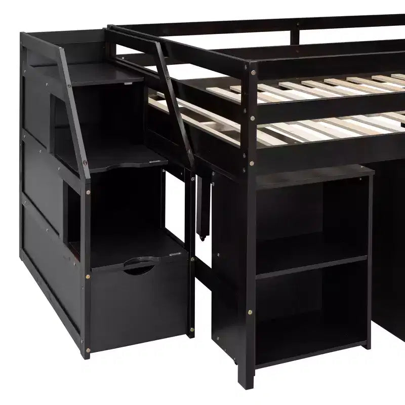 Lit mezzanine double avec bureau rétractable et 3 tiroirs, lit mezzanine en bois avec escalier de rangement et étagères