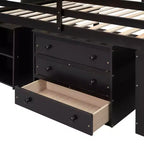 Lit mezzanine double avec bureau rétractable et 3 tiroirs, lit mezzanine en bois avec escalier de rangement et étagères