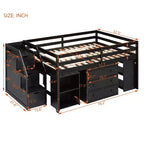 Lit mezzanine double avec bureau rétractable et 3 tiroirs, lit mezzanine en bois avec escalier de rangement et étagères