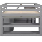 Lit mezzanine double avec bureau rétractable et 3 tiroirs, lit mezzanine en bois avec escalier de rangement et étagères