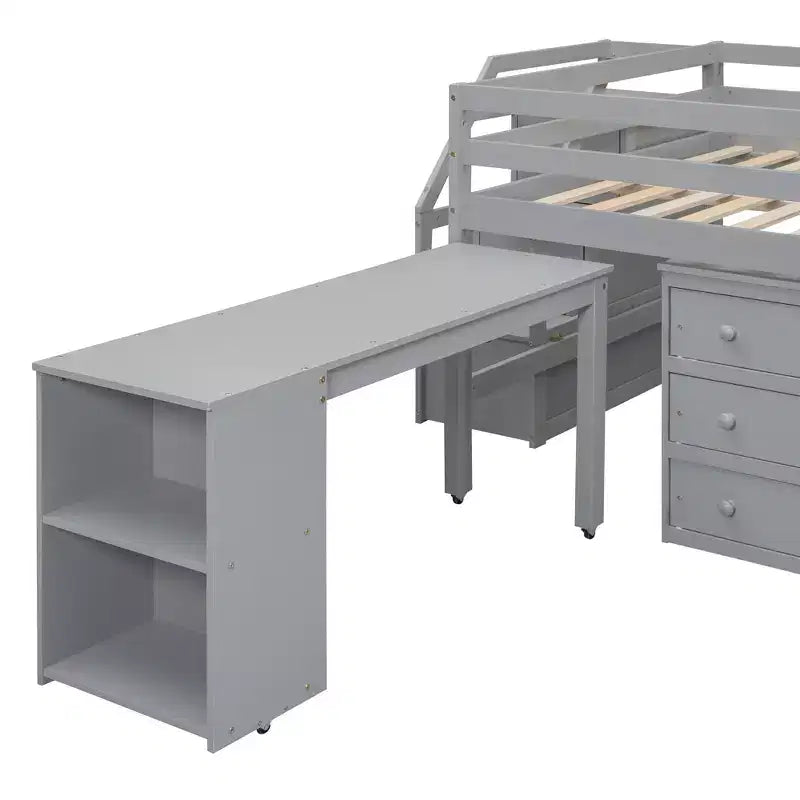 Lit mezzanine double avec bureau rétractable et 3 tiroirs, lit mezzanine en bois avec escalier de rangement et étagères