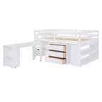 Lit mezzanine double avec bureau rétractable et 3 tiroirs, lit mezzanine en bois avec escalier de rangement et étagères
