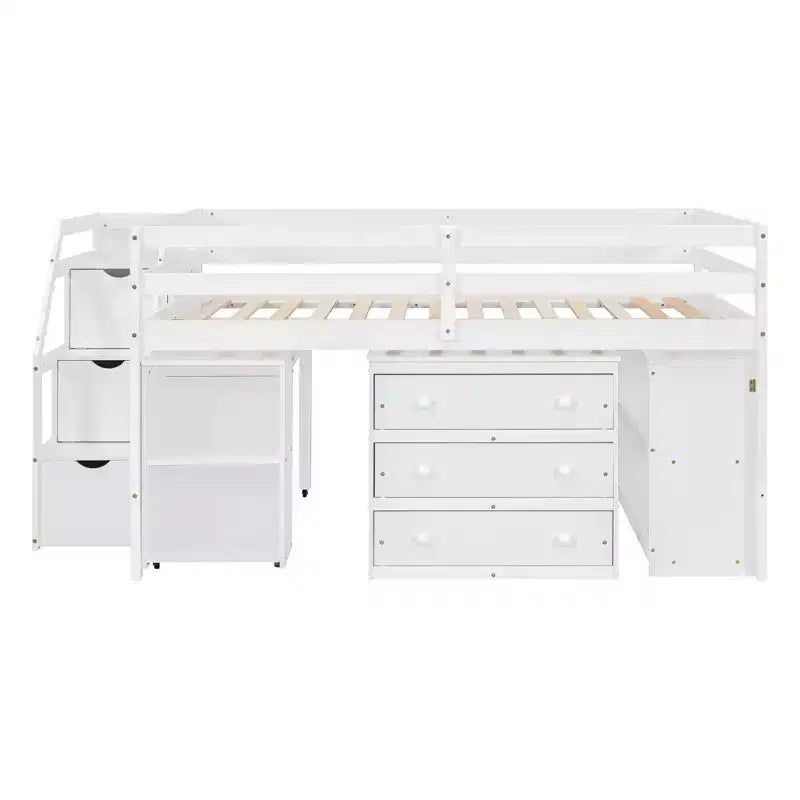 Lit mezzanine double avec bureau rétractable et 3 tiroirs, lit mezzanine en bois avec escalier de rangement et étagères