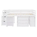 Lit mezzanine double avec bureau rétractable et 3 tiroirs, lit mezzanine en bois avec escalier de rangement et étagères