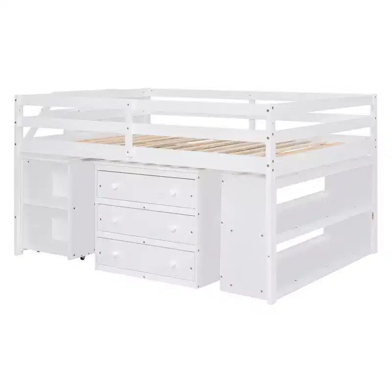 Lit mezzanine double avec bureau rétractable et 3 tiroirs, lit mezzanine en bois avec escalier de rangement et étagères