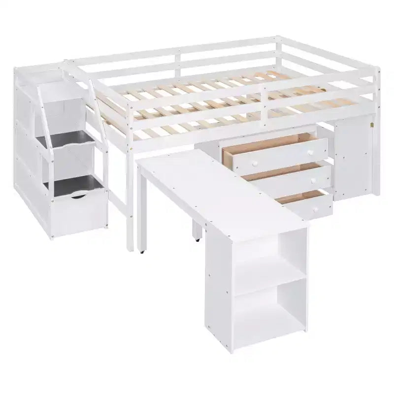 Lit mezzanine double avec bureau rétractable et 3 tiroirs, lit mezzanine en bois avec escalier de rangement et étagères