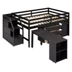 Lit mezzanine double avec bureau rétractable et 3 tiroirs, lit mezzanine en bois avec escalier de rangement et étagères