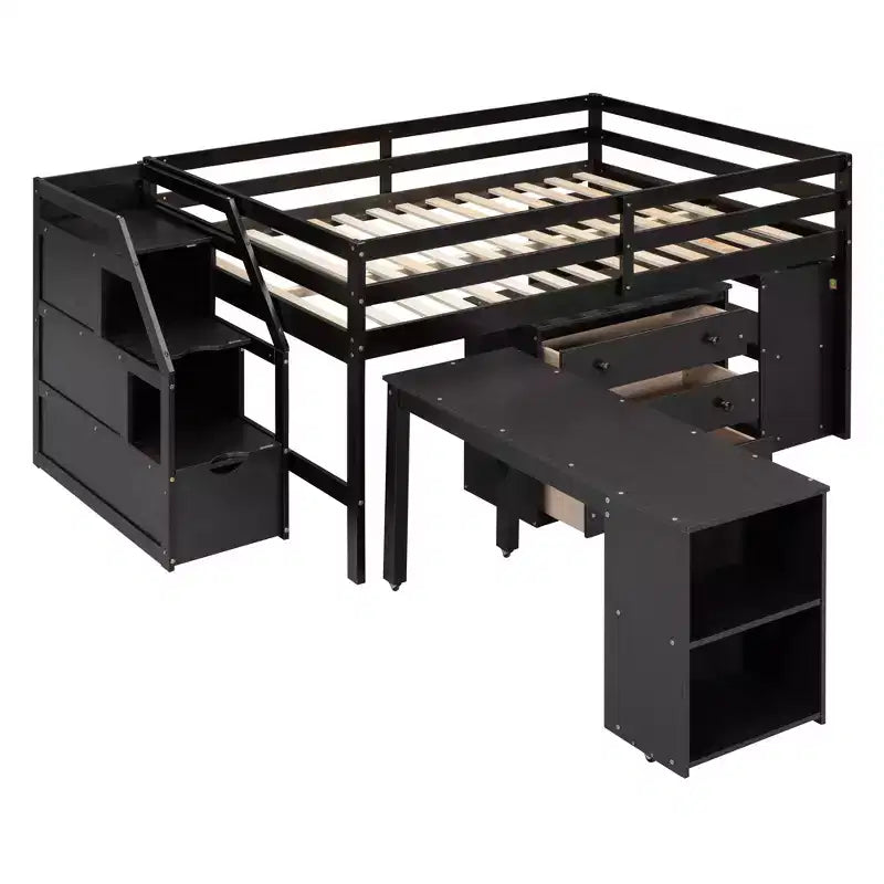 Lit mezzanine double avec bureau rétractable et 3 tiroirs, lit mezzanine en bois avec escalier de rangement et étagères