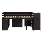 Lit mezzanine double avec bureau rétractable et 3 tiroirs, lit mezzanine en bois avec escalier de rangement et étagères