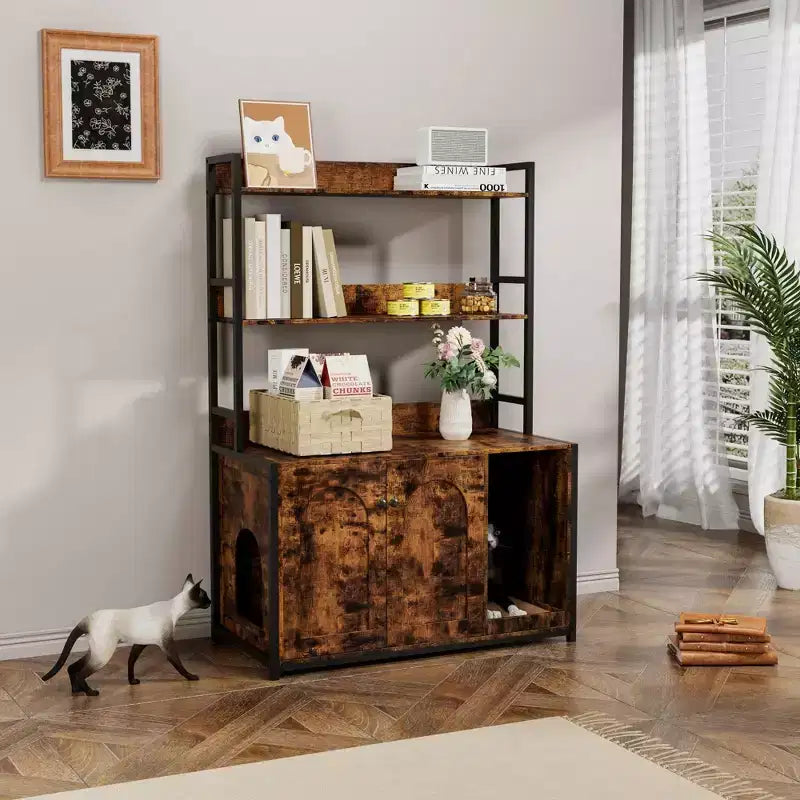 Meuble Cache-litière Grand COZONY avec Étagères et Portes, Meuble Cache-litière Chat 52, Cache-litière Dissimulé avec Griffoir