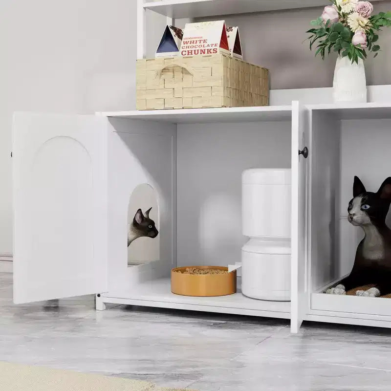 Meuble Cache-litière Grand COZONY avec Étagères et Portes, Meuble Cache-litière Chat 52, Cache-litière Dissimulé avec Griffoir
