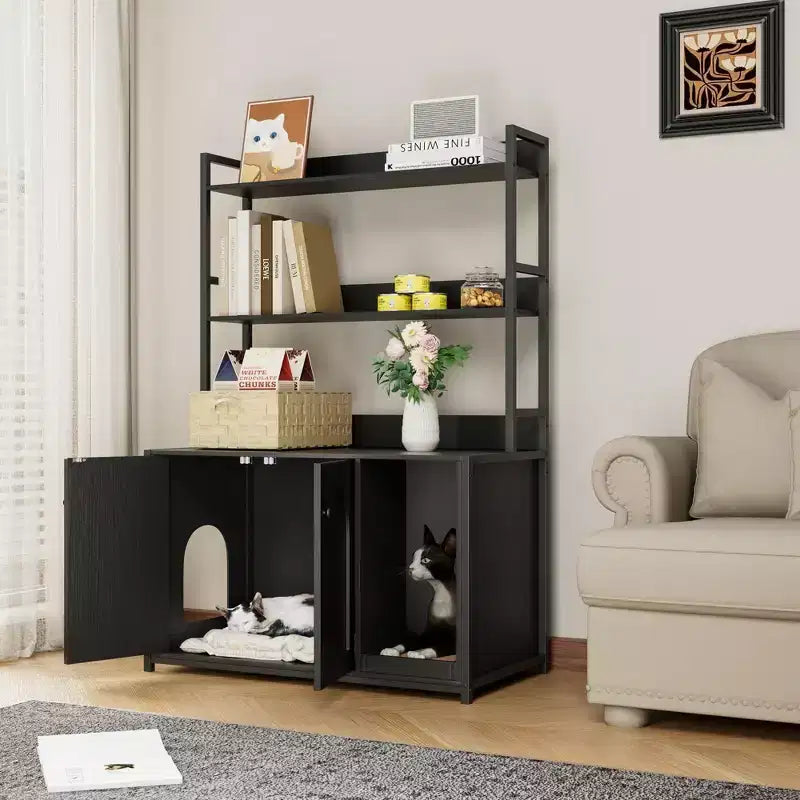 Meuble Cache-litière Grand COZONY avec Étagères et Portes, Meuble Cache-litière Chat 52, Cache-litière Dissimulé avec Griffoir