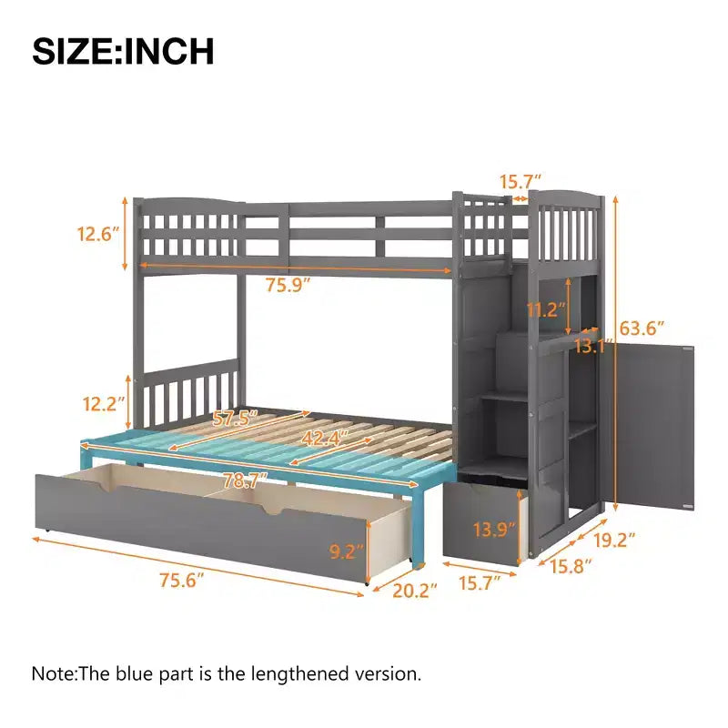 Lits superposés jumeaux avec escalier et tiroirs pour enfants, lits superposés en bois jumeaux avec escalier et armoire de rangement