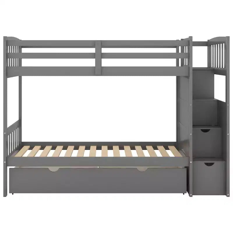 Lits superposés jumeaux avec escalier et tiroirs pour enfants, lits superposés en bois jumeaux avec escalier et armoire de rangement