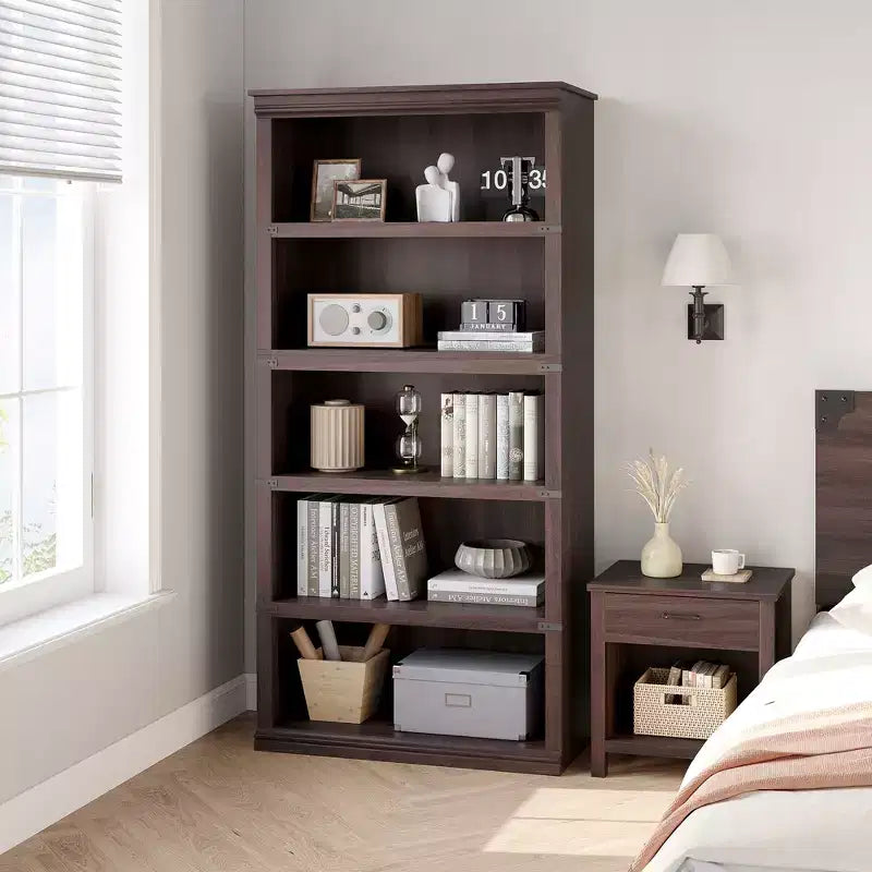 Bibliothèque de ferme à 5 étagères, avec rangement, étagères ouvertes, étagères de rangement, bibliothèques en bois de 81 cm de large pour bureau, bibliothèque
