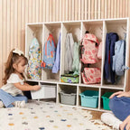 Portemanteau-vestiaire 5 sections avec banc et 5 bacs avant évidés pour tout-petits ECR4Kids Streamline