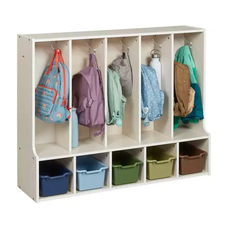 Portemanteau-vestiaire 5 sections avec banc et 5 bacs avant évidés pour tout-petits ECR4Kids Streamline