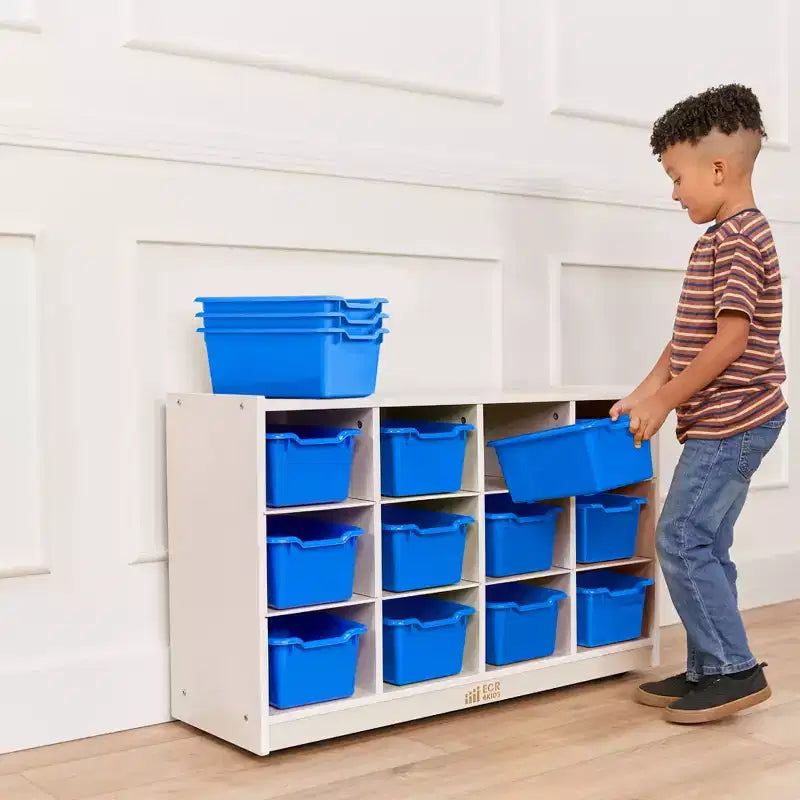 Meuble de rangement mobile ECR4Kids à 12 casiers et 15 bacs Scoop Front, 3x4, mobilier pour enfants