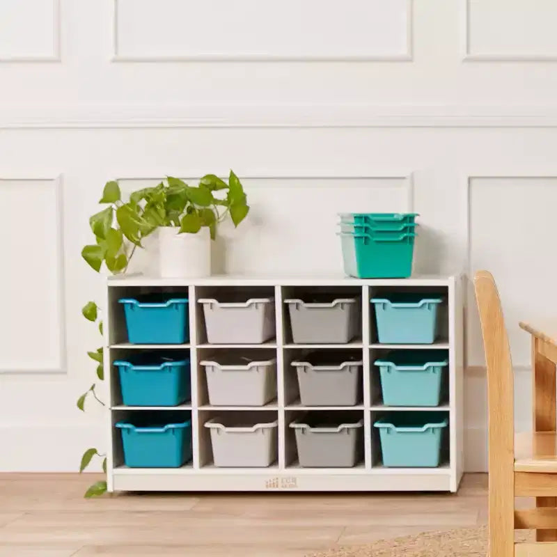 Meuble de rangement mobile ECR4Kids à 12 casiers et 15 bacs Scoop Front, 3x4, mobilier pour enfants