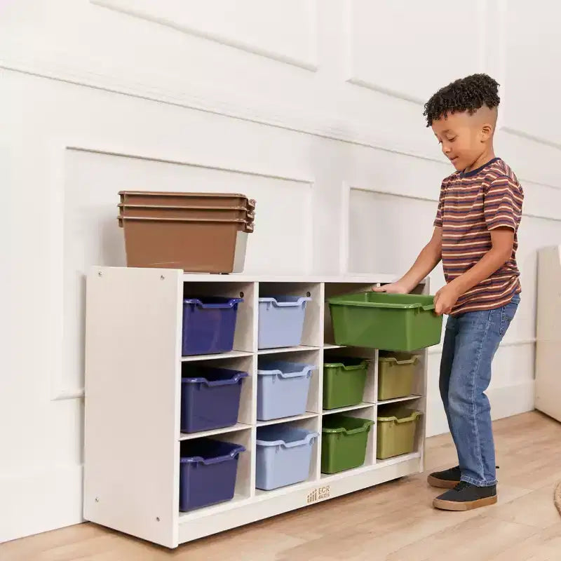 Meuble de rangement mobile ECR4Kids à 12 casiers et 15 bacs Scoop Front, 3x4, mobilier pour enfants