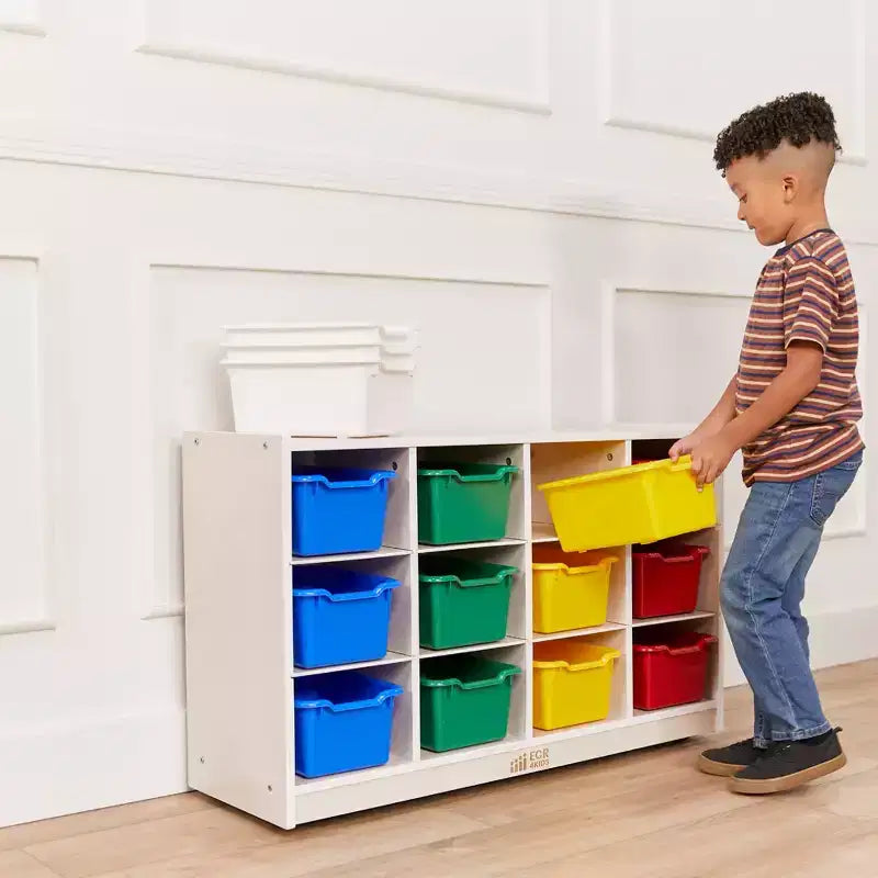 Meuble de rangement mobile ECR4Kids à 12 casiers et 15 bacs Scoop Front, 3x4, mobilier pour enfants
