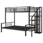 Lit superposé en métal une place et demi avec escalier de rangement, cadre de lit en acier robuste avec armoire ouverte pour enfants, adolescents et adultes, noir
