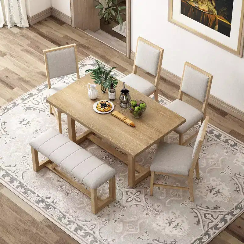 Ensemble de salle à manger GDFStudio Monica 6 pièces avec table en bois de 152 cm et chaises et banc rembourrés