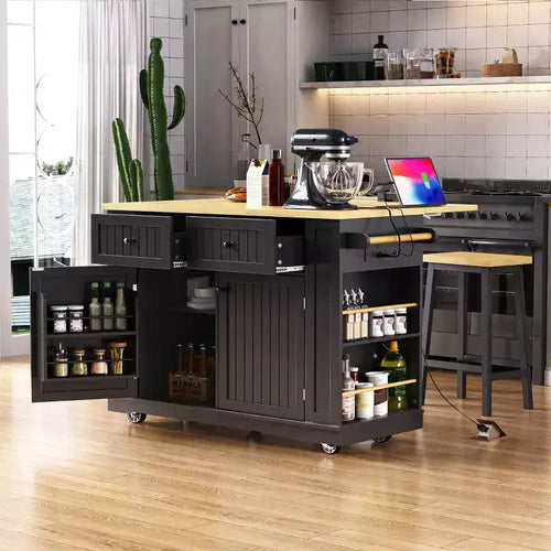 Ensemble îlot de cuisine 48 avec 2 tabourets de bar, abattant, prise de courant, 2 tiroirs, rangement avec porte, 5 étagères latérales, chariot de cuisine roulant