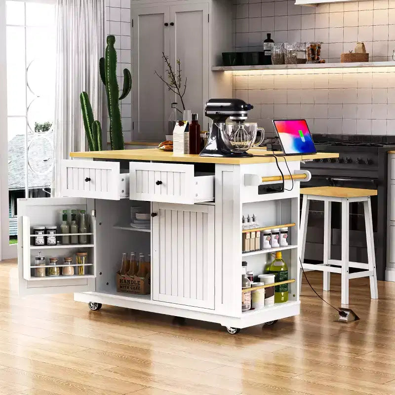 Ensemble îlot de cuisine 48 avec 2 tabourets de bar, abattant, prise de courant, 2 tiroirs, rangement avec porte, 5 étagères latérales, chariot de cuisine roulant