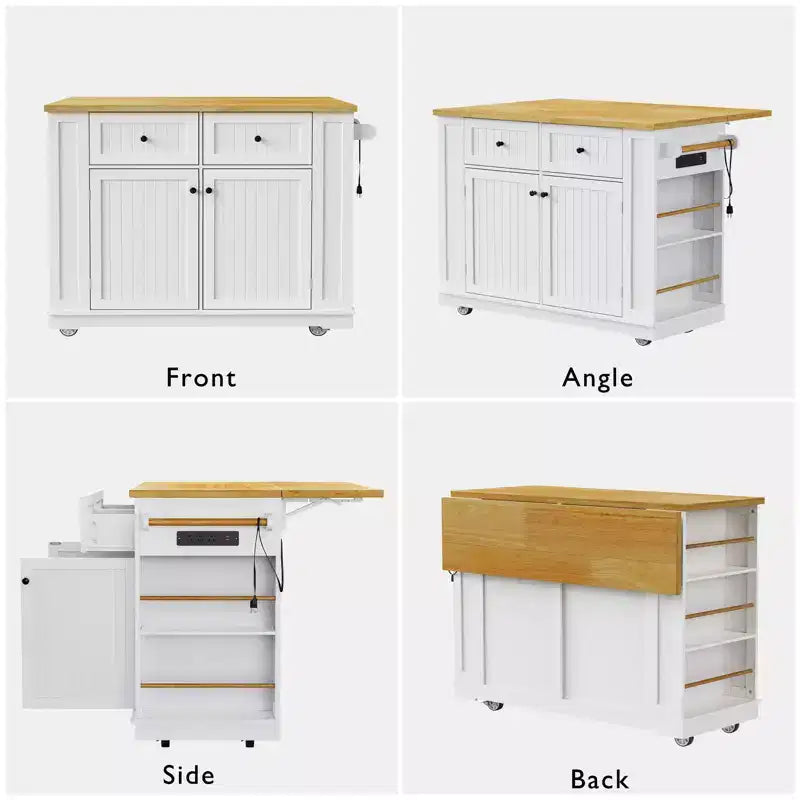 Ensemble îlot de cuisine 48 avec 2 tabourets de bar, abattant, prise de courant, 2 tiroirs, rangement avec porte, 5 étagères latérales, chariot de cuisine roulant