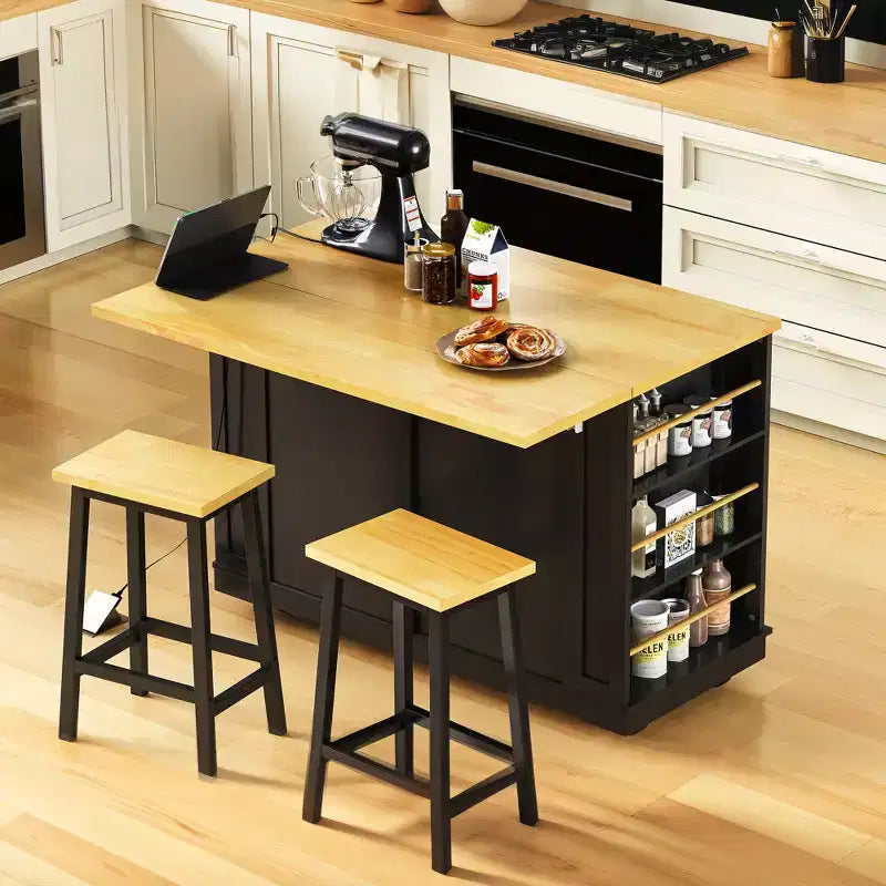 Ensemble îlot de cuisine 48 avec 2 tabourets de bar, abattant, prise de courant, 2 tiroirs, rangement avec porte, 5 étagères latérales, chariot de cuisine roulant