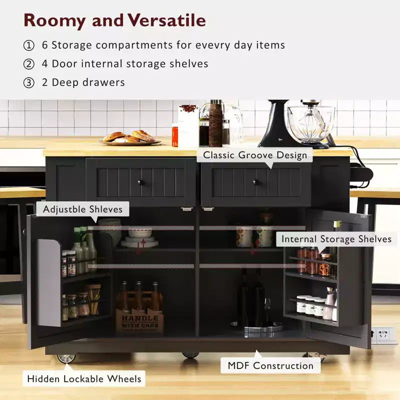 Ensemble îlot de cuisine 48 avec 2 tabourets de bar, abattant, prise de courant, 2 tiroirs, rangement avec porte, 5 étagères latérales, chariot de cuisine roulant