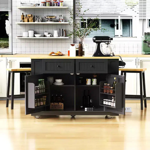 48 Kitchen Island Set with 2 Bar Stools, Drop Leaf, Power Outlet, 2 Drawers, Door Storage Rack, 5 Side Shelves, Rolling Kitchen Cart