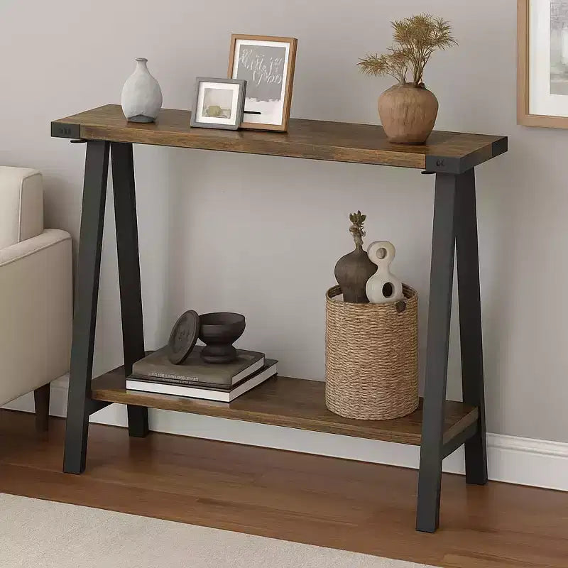 Console de ferme GustoWave avec rangement, table d'entrée étroite à 2 niveaux avec cadre en métal et MDF pour le salon - Rustique