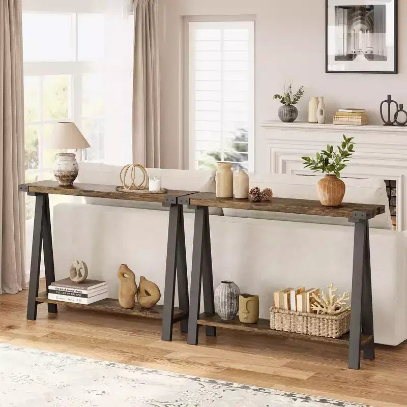 Console de ferme GustoWave avec rangement, table d'entrée étroite à 2 niveaux avec cadre en métal et MDF pour le salon - Rustique