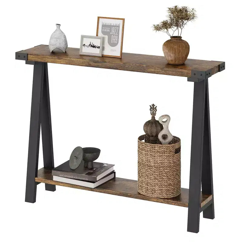 Console de ferme GustoWave avec rangement, table d'entrée étroite à 2 niveaux avec cadre en métal et MDF pour le salon - Rustique