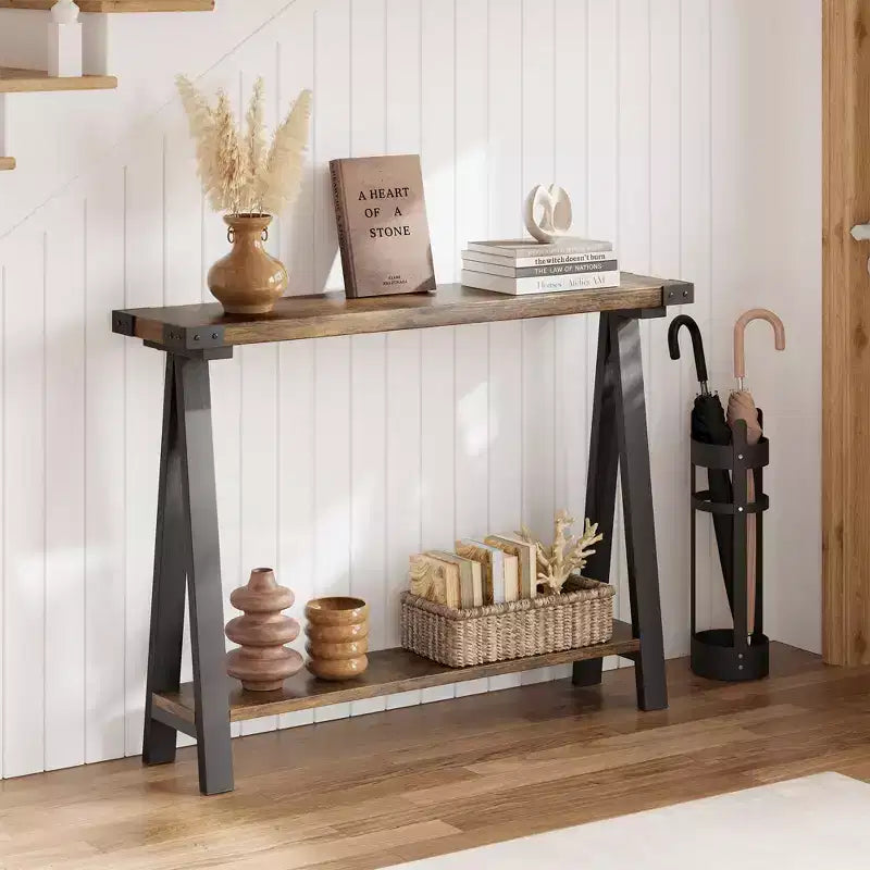 Console de ferme GustoWave avec rangement, table d'entrée étroite à 2 niveaux avec cadre en métal et MDF pour le salon - Rustique