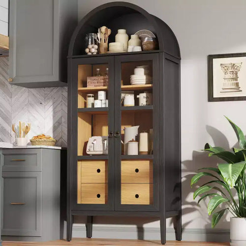 AMERLIFE 71 Tall Arched Storage Cabinet with Glass Doors & Drawers for Living Room, Black Oak