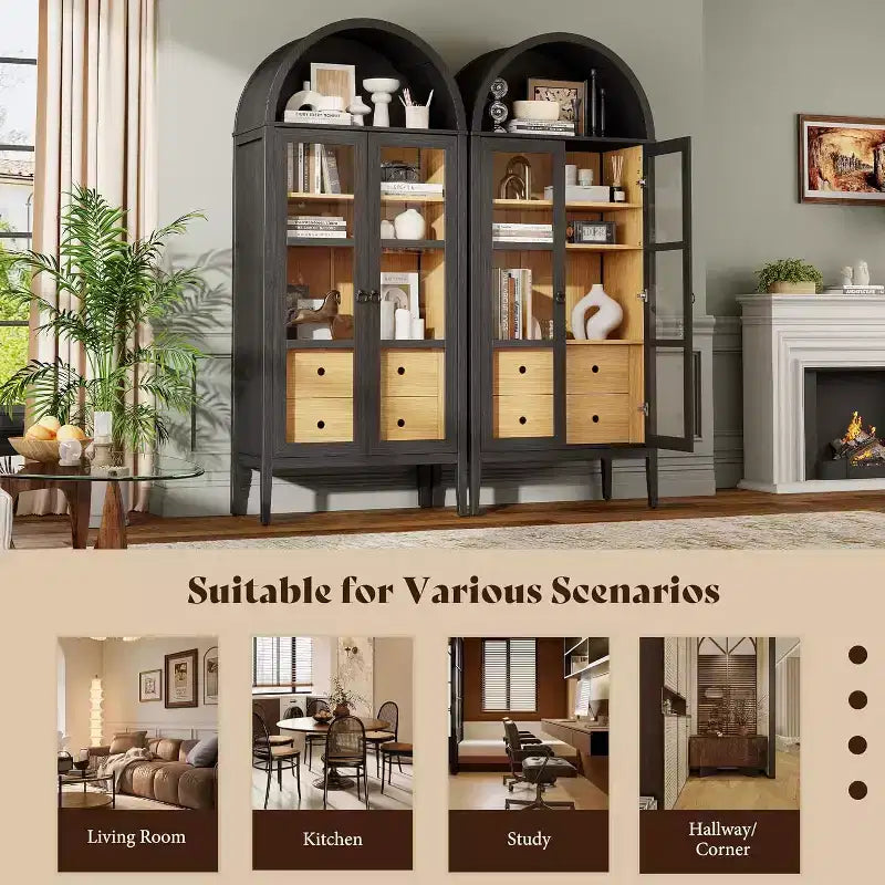 Meuble de rangement haut AMERLIFE 71 avec portes vitrées et tiroirs pour salon, chêne noir