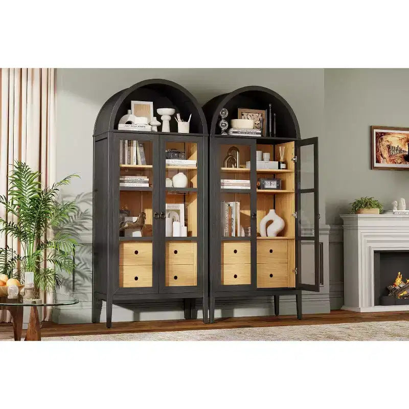 Meuble de rangement haut AMERLIFE 71 avec portes vitrées et tiroirs pour salon, chêne noir