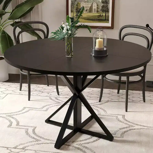 47in Round Dining Table for 4, Wooden Kitchen Tables with Metal Pedestal & 4 Parts of Tabletop, Save Space, Circle Dinner Table for Home